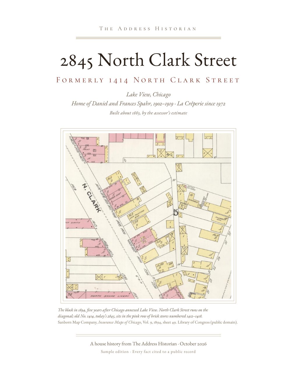 Cover of the sample report for 2845 North Clark Street, formerly 1414 North Clark Street, with the block on an 1894 Sanborn map