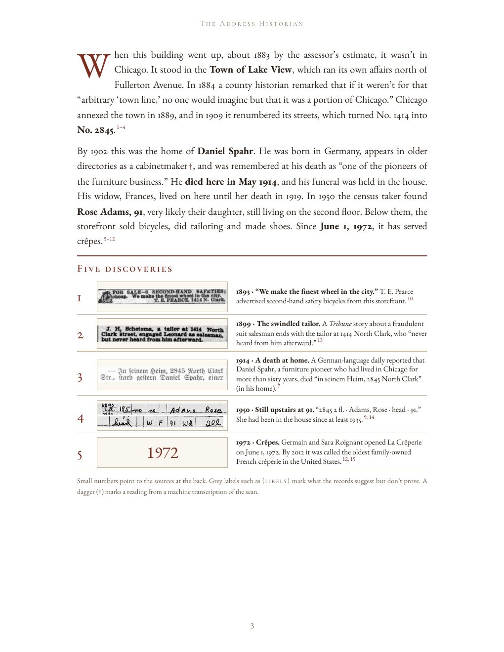 Sample report page 3: the story of the building and five discoveries