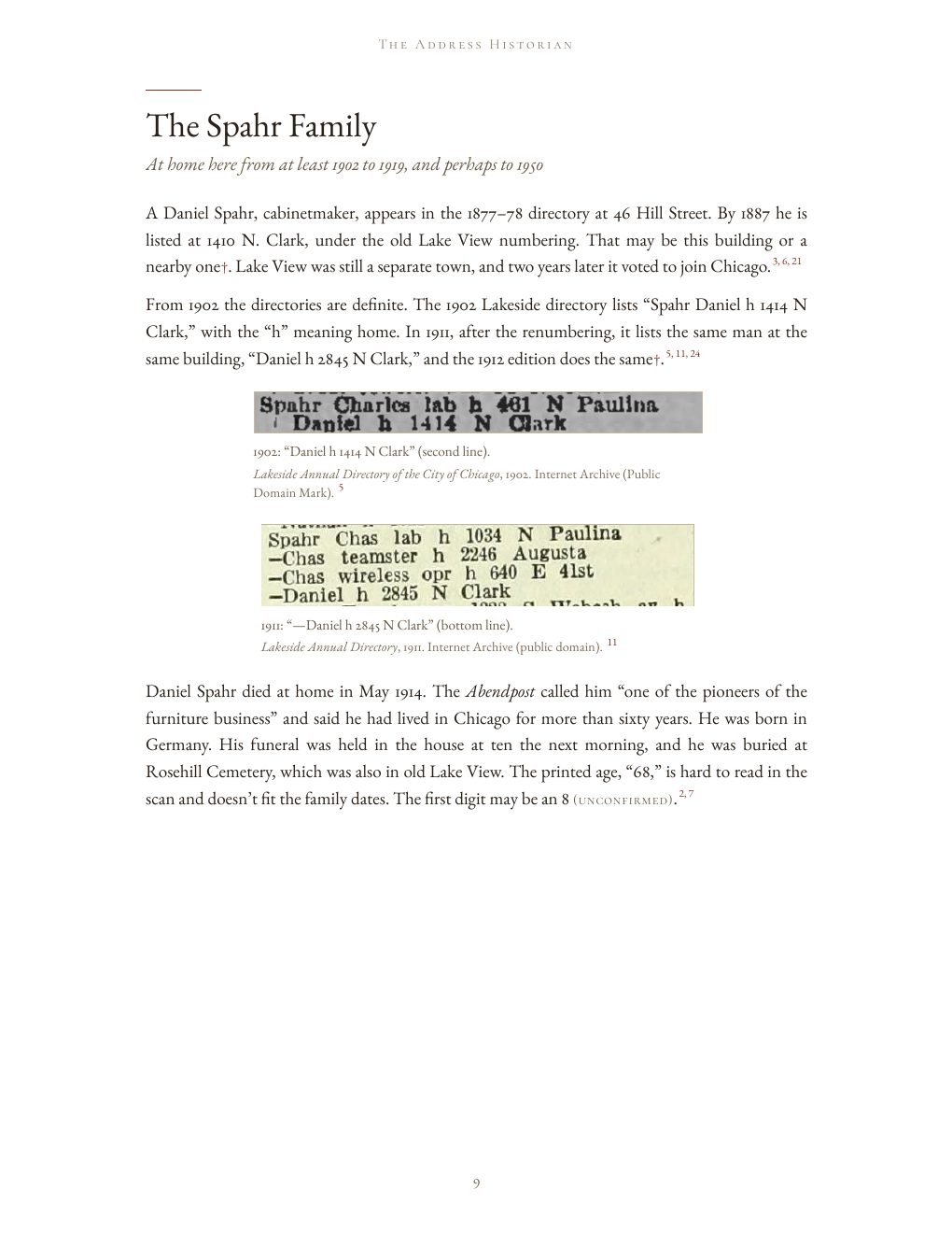 Sample report page 9: the Spahr family, with clippings from the 1902 and 1911 city directories